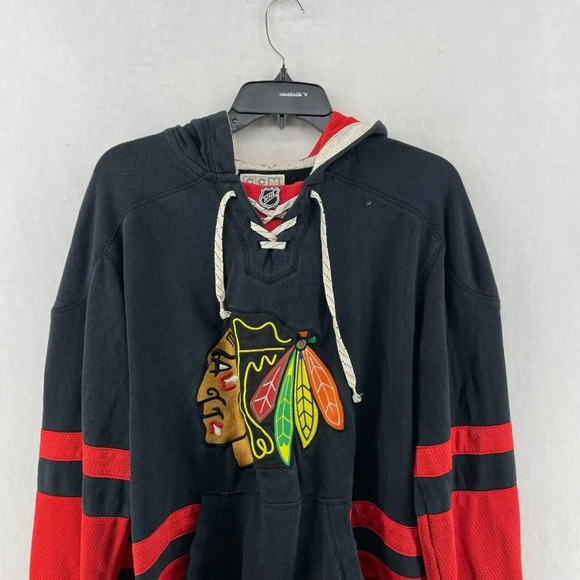 NHL Hoodie Men's Sz M Black Red Chicago Blackhawks Striped Embroidered Logo - Picture 6 of 12